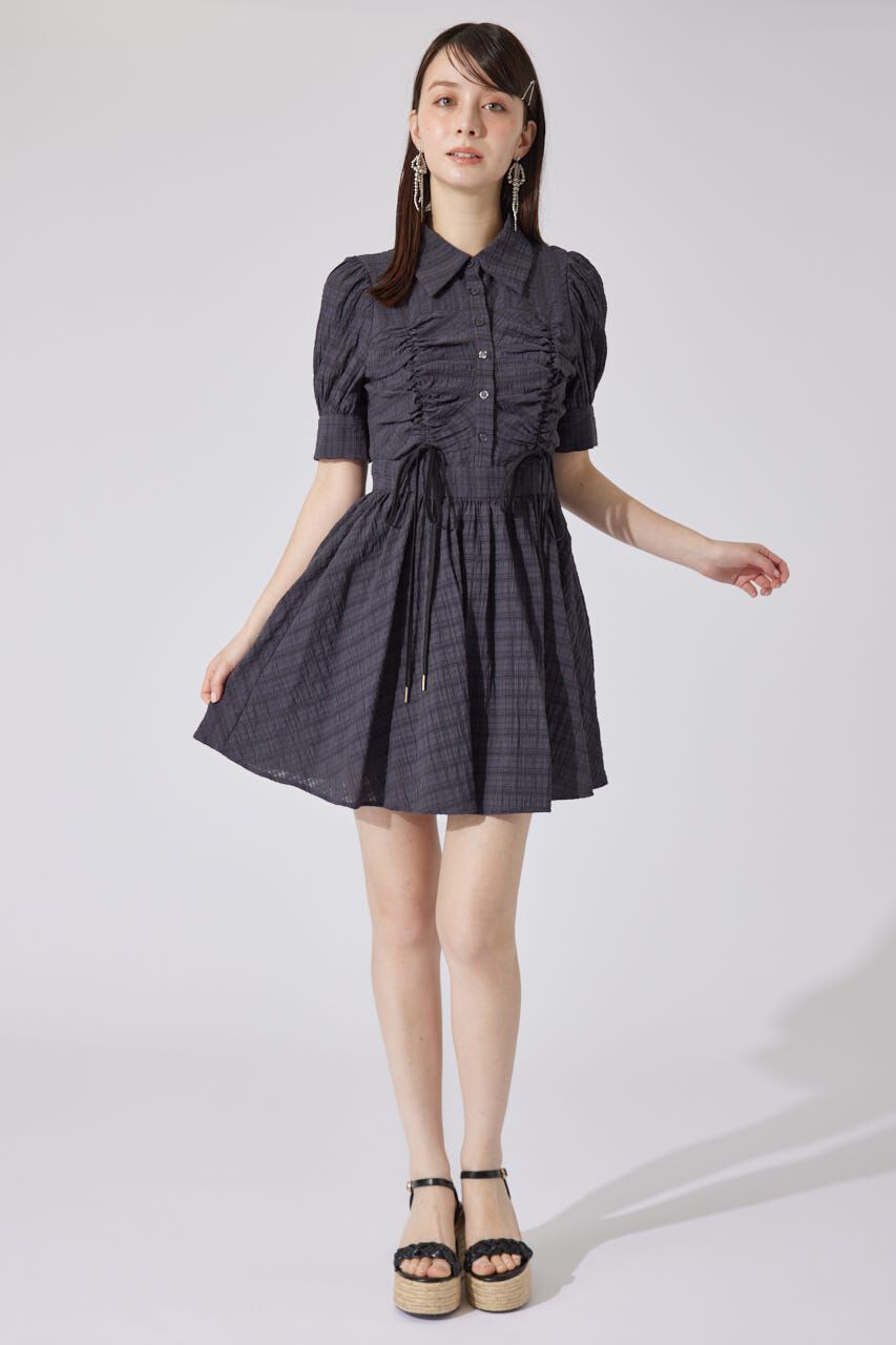 rienda「フロントシャーリングリボンミニハーフシャツフレアワンピース」|ワンピース|