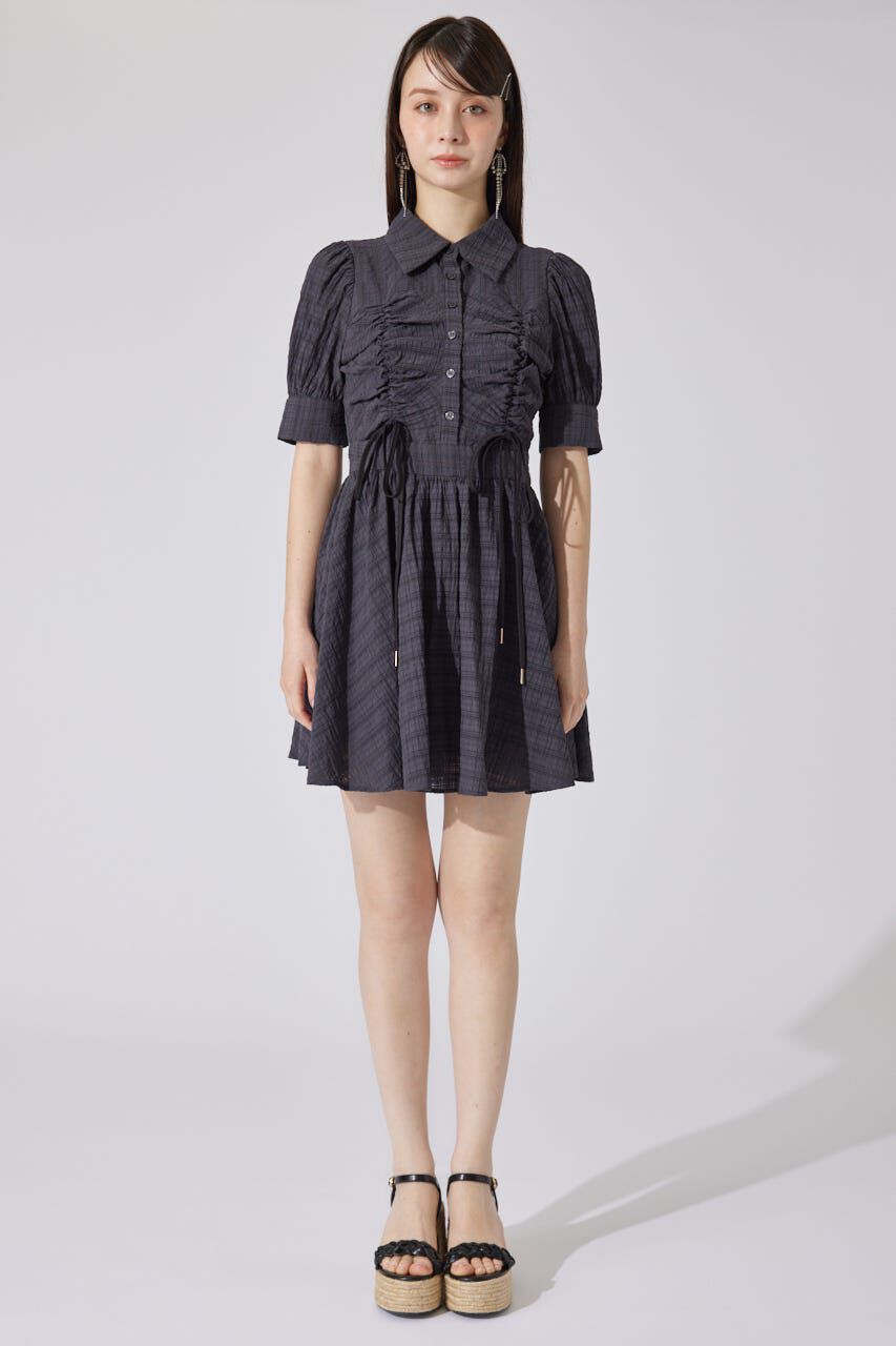 rienda「フロントシャーリングリボンミニハーフシャツフレアワンピース」|ワンピース|