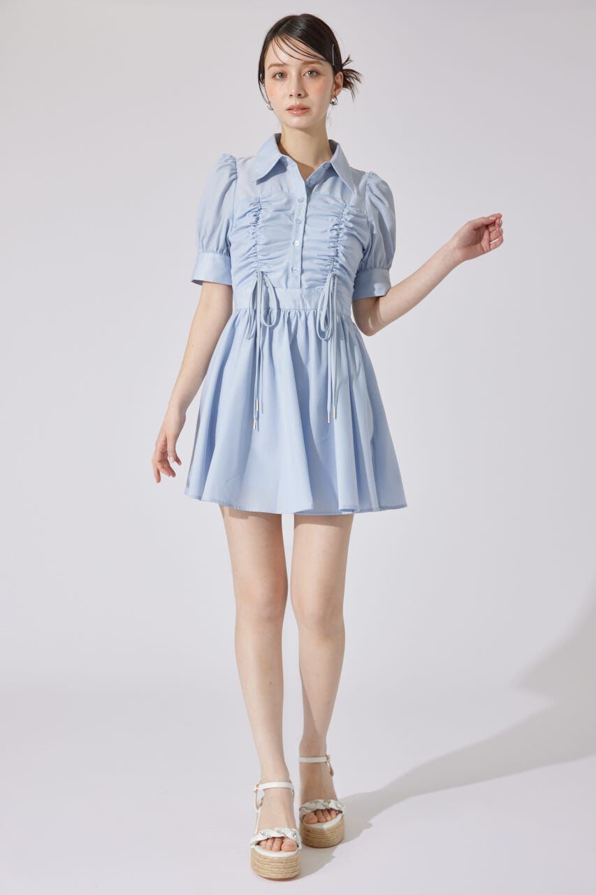 rienda「フロントシャーリングリボンミニハーフシャツフレアワンピース」|ワンピース|