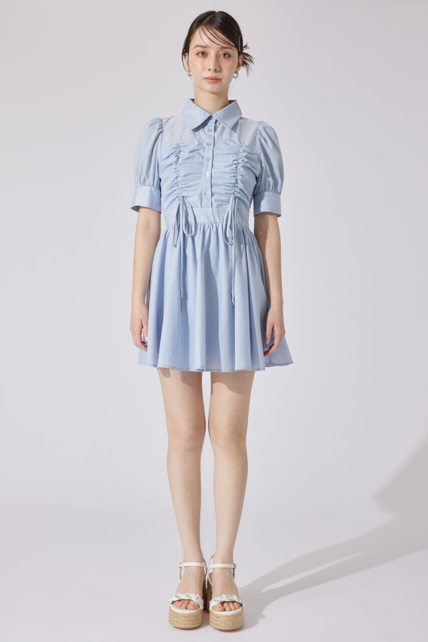rienda「フロントシャーリングリボンミニハーフシャツフレアワンピース」|ワンピース|