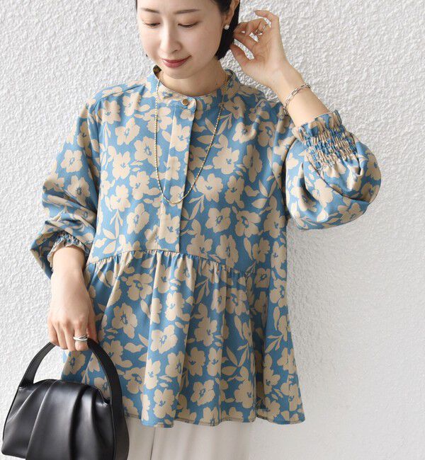 SHIPS for women「《予約》【WEB限定】〈手洗い可能〉ドット 花柄 袖 シャーリング ブラウス」|シャツ・ブラウス|スカイブルー