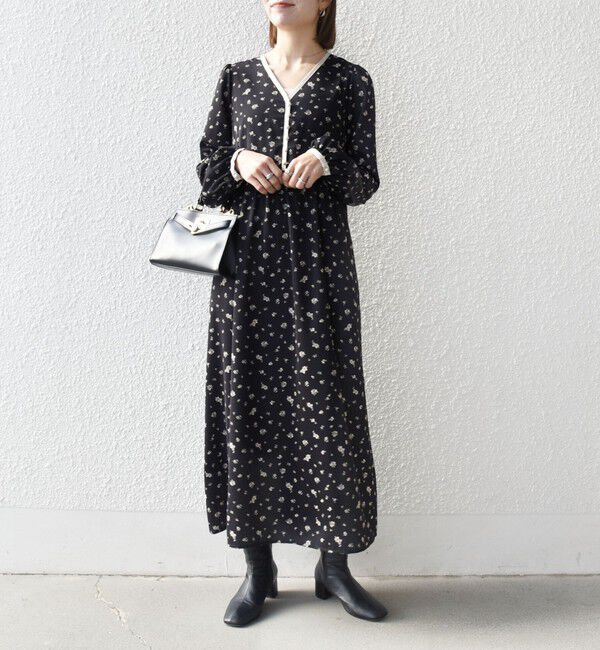 SHIPS any「《予約》SHIPS any:〈洗濯機可能〉フラワー プリント バイカラー Vネック ギャザー ワンピース」|ワンピース|