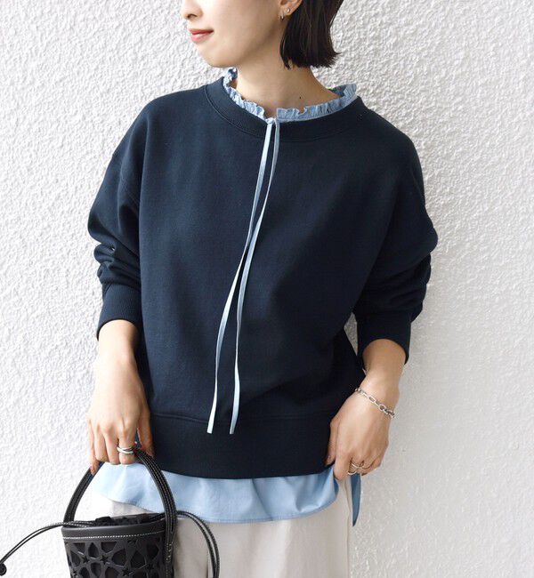 SHIPS for women「《予約》【WEB限定】〈手洗い可能〉ブラウス コンビ スウェット プルオーバー」|スウェット・ジャージ|ネイビー