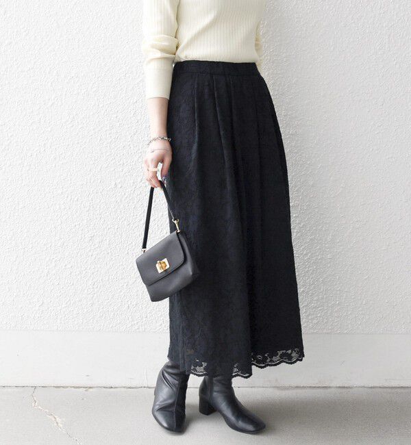 SHIPS any「《予約》SHIPS any:〈手洗い可能〉フラワー メッシュ レース タック セミフレア スカート」|スカート|ブラック