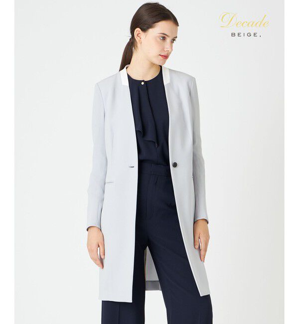 BEIGE,「CINDY / ノーカラーロングジャケット」|ノーカラージャケット|Ice blue &times; White
