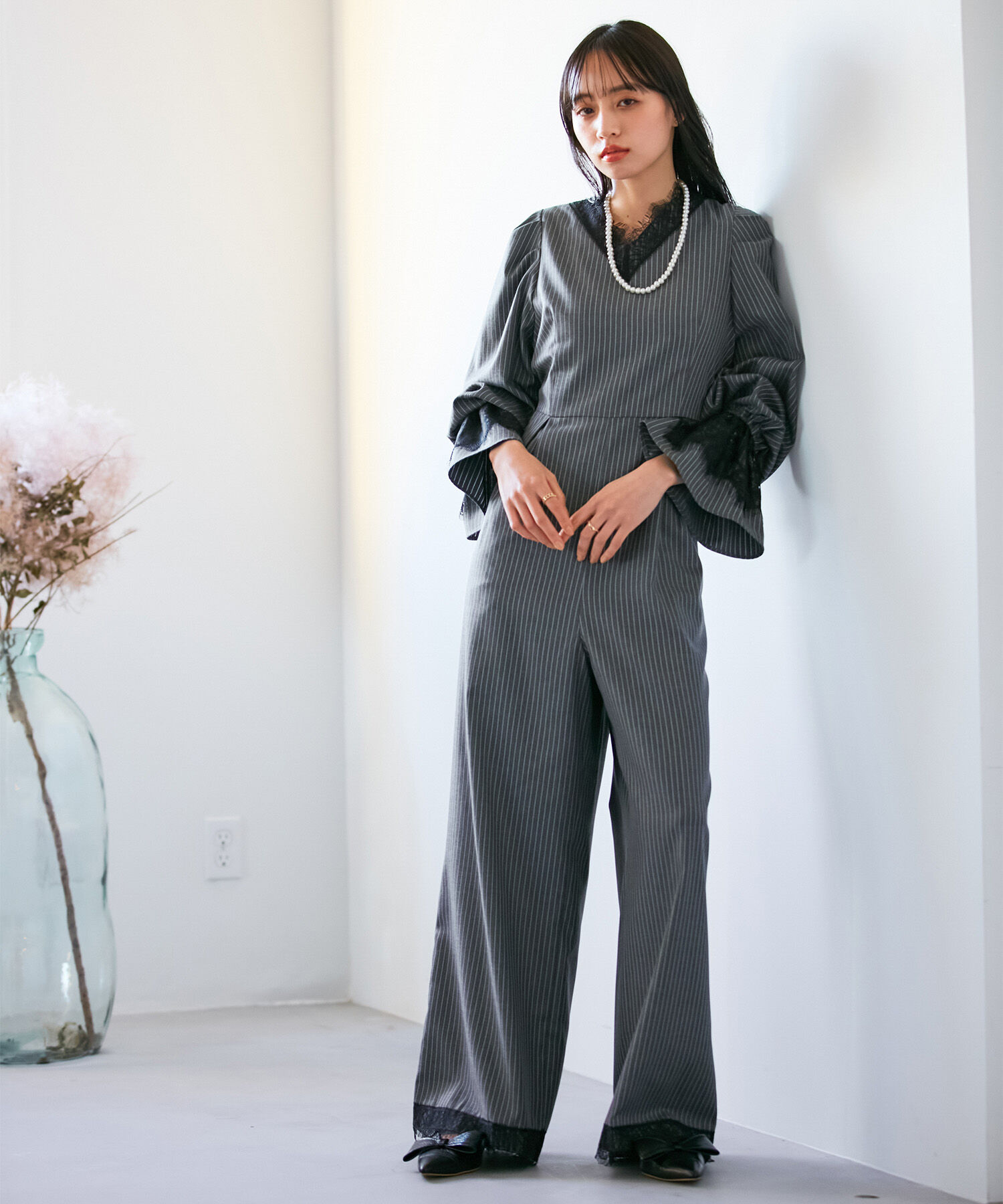 VIS「【VIS DRESS】ピンストライプレースオールインワン【洗える】」|オールインワン|