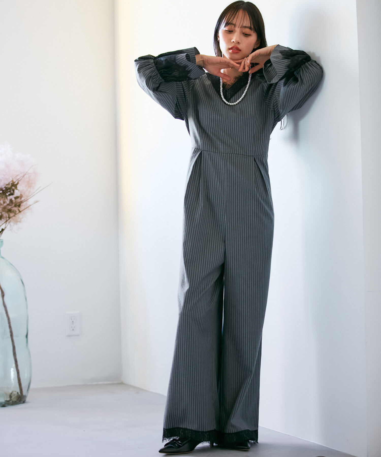 VIS「【VIS DRESS】ピンストライプレースオールインワン【洗える】」|オールインワン|