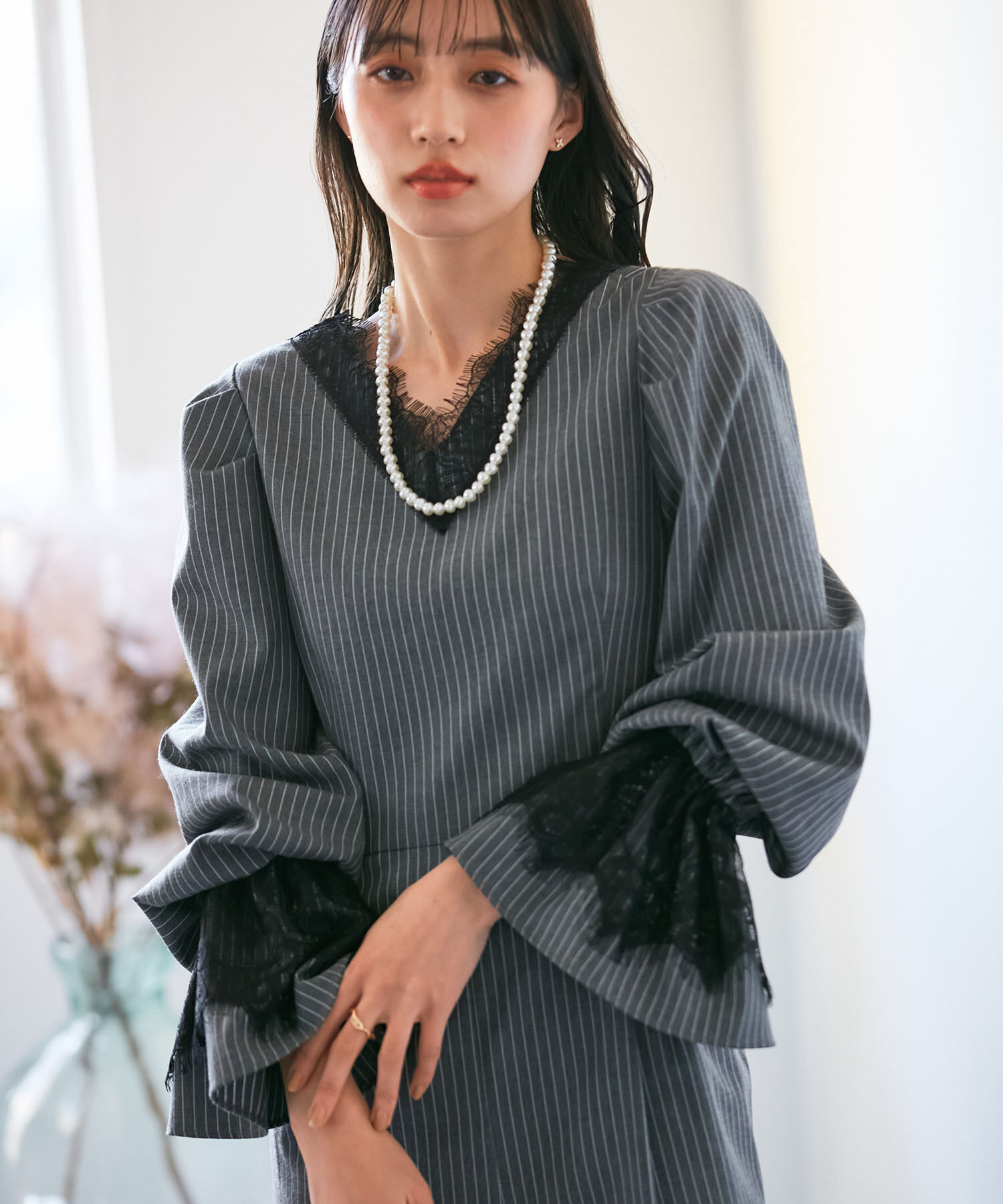 VIS「【VIS DRESS】ピンストライプレースオールインワン【洗える】」|オールインワン|