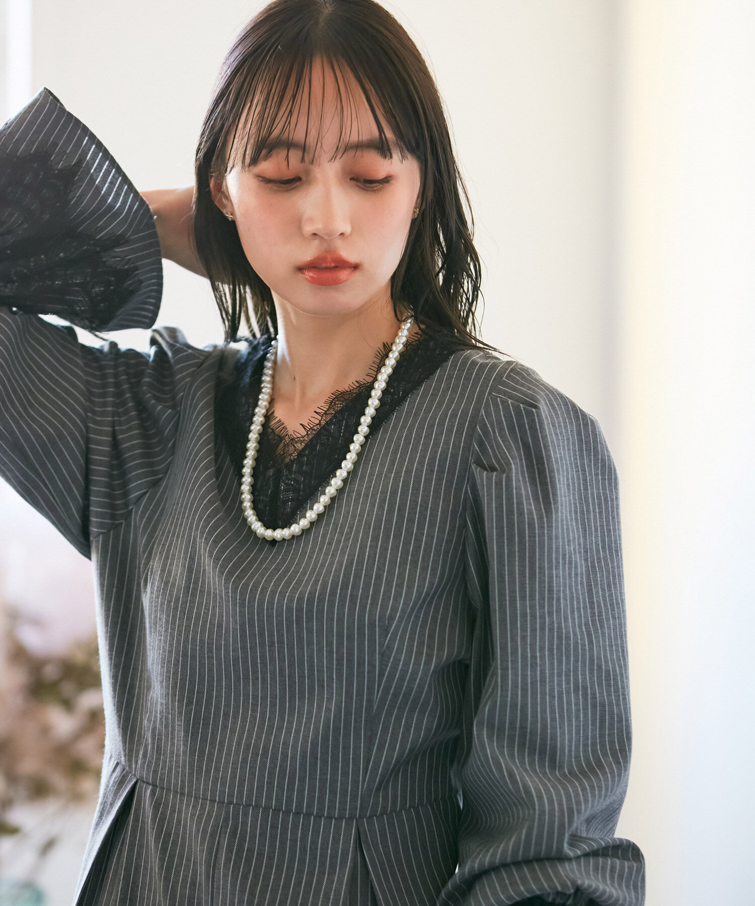 VIS「【VIS DRESS】ピンストライプレースオールインワン【洗える】」|オールインワン|