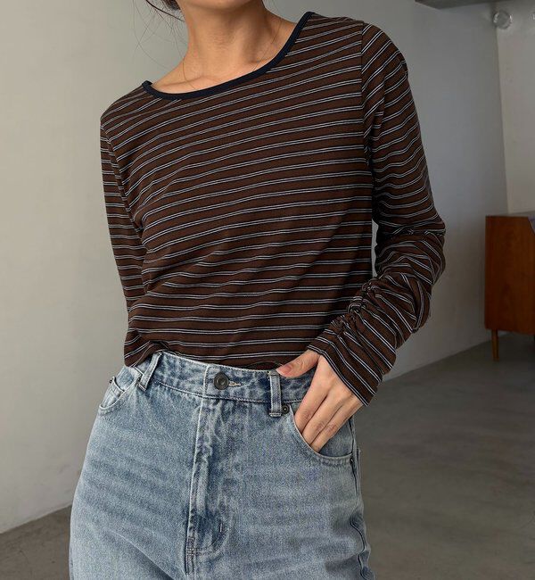  「バックUネッククロップボーダーTシャツ」|Tシャツ・カットソー|