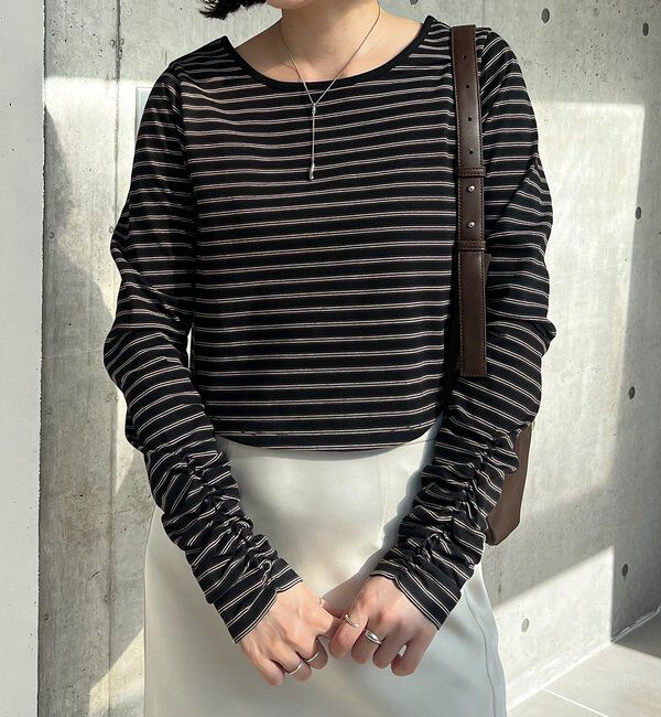  「バックUネッククロップボーダーTシャツ」|Tシャツ・カットソー|