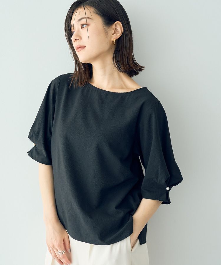 YECCA VECCA「タックパールスリーブサッカーブラウス」|シャツ・ブラウス|Black