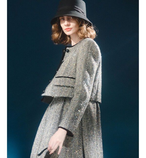 LOULOU WILLOUGHBY「【LOULOU WILLOUGHBY】LINTONラメツイードショートジャケット」|ノーカラージャケット|グレー