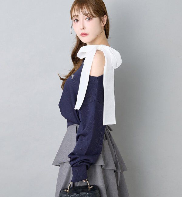  「肩リボン刺繍入りラメトップス」|プルオーバー|