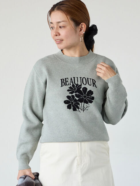 Lugnoncure「フラワーモチーフロゴニットプルオーバー」|ニット・セーター|グレー