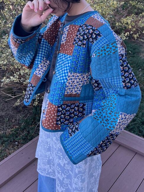 Samansa Mos2「花柄パッチワーク風キルトジャケット」|その他|ブルー