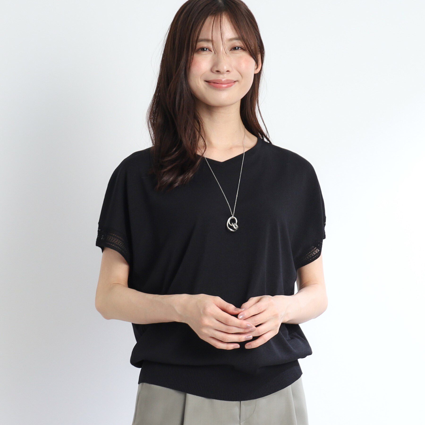 Reflect「【SALE／WEB限定カラーあり／二の腕カバー◎】透かし柄スリーブニット」|ニット・セーター|ブラック(019)