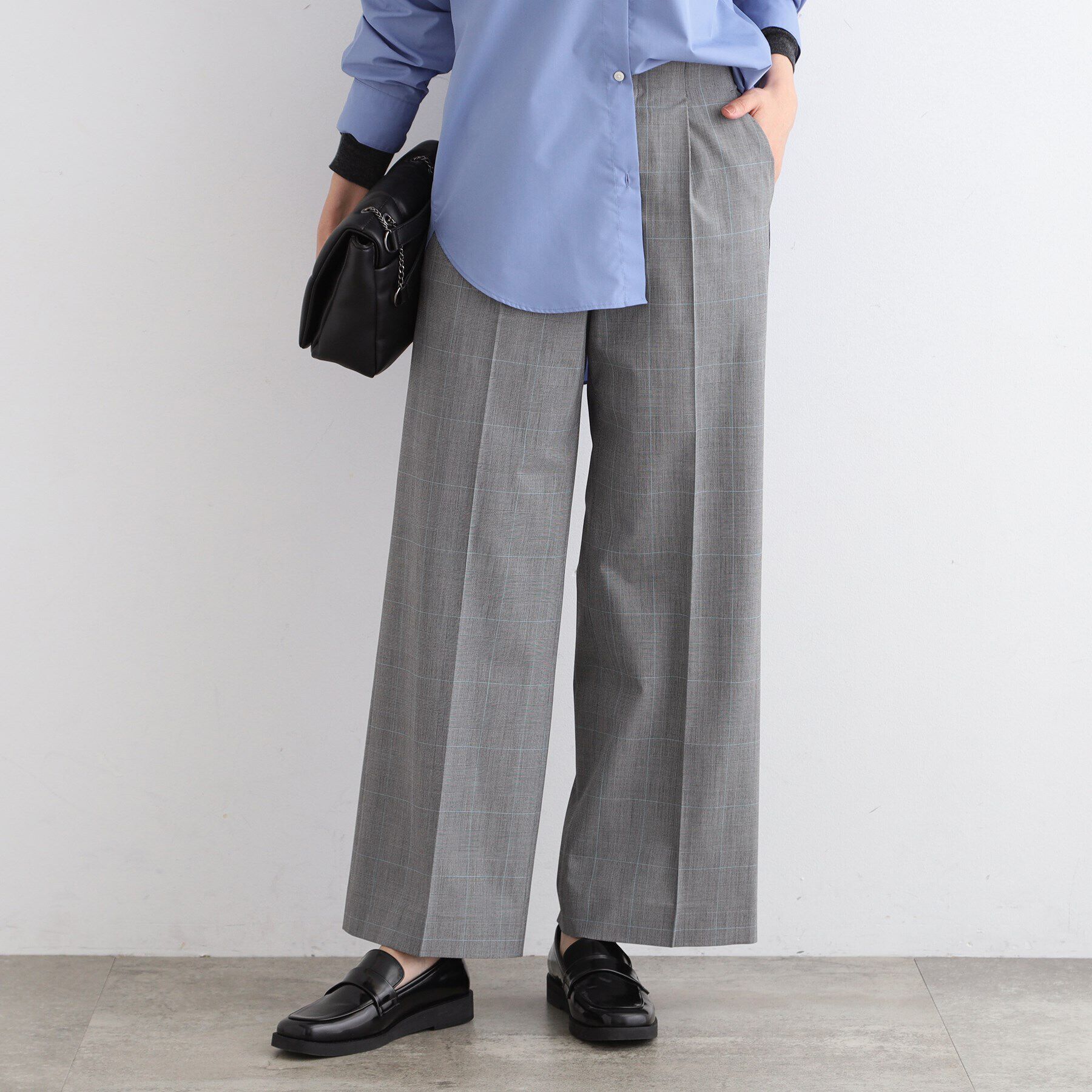 INDIVI「【褒められパンツ／ウエストゴム】チェック柄ワイドパンツ」|その他|チャコールグレー(2