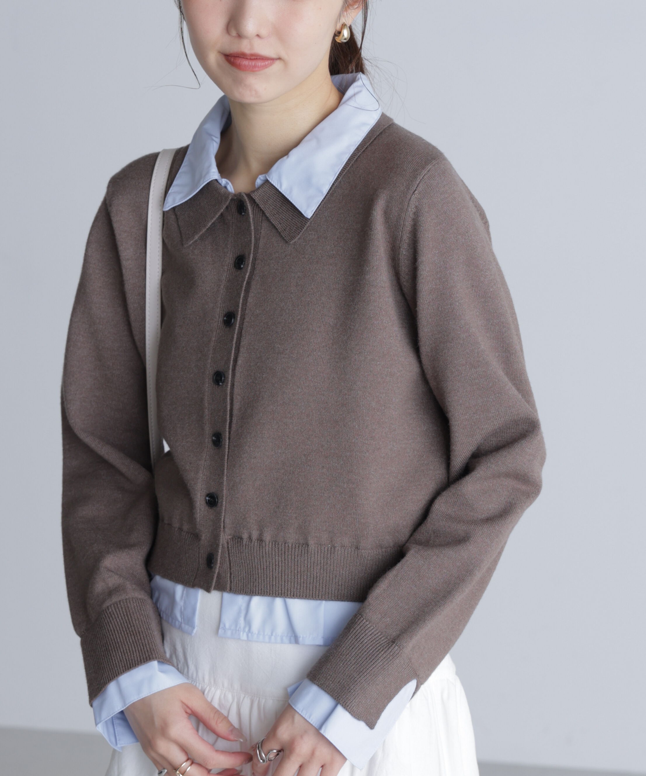  「シャツフェイクレイヤードポロカーディガン」|ニット・セーター|ブラウン