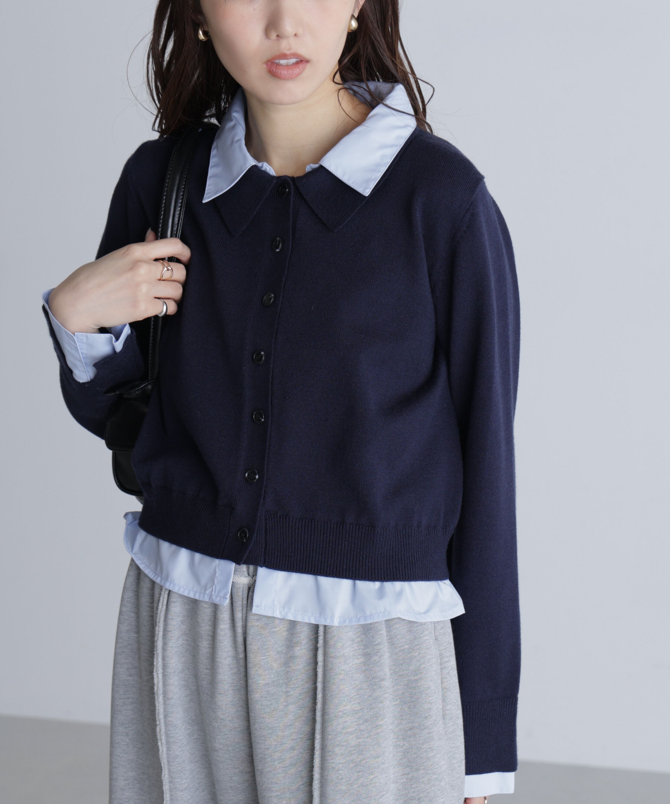  「シャツフェイクレイヤードポロカーディガン」|ニット・セーター|ネイビー