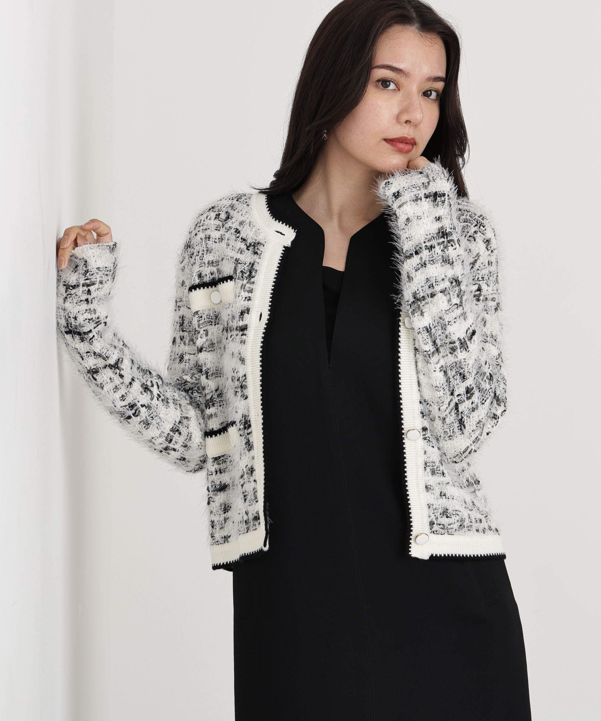  「◆フェザーヤーンツイードニットジャケット」|その他|ホワイト