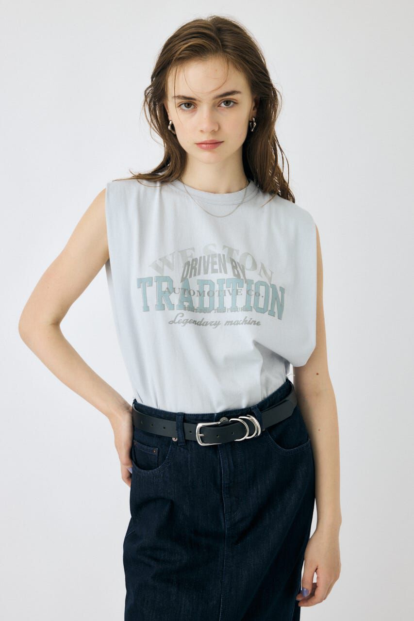 MOUSSY「OVERLAPPING LOGOS ノースリーブ TEE」|タンクトップ|L/BLU1