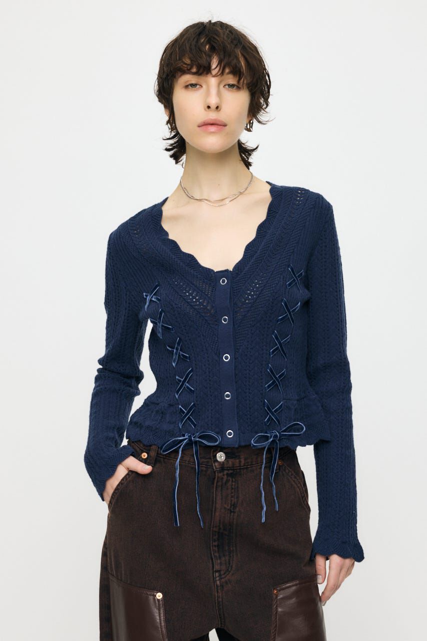 MOUSSY「LACE UP RIBBON カーディガン」|ニット・セーター|NVY