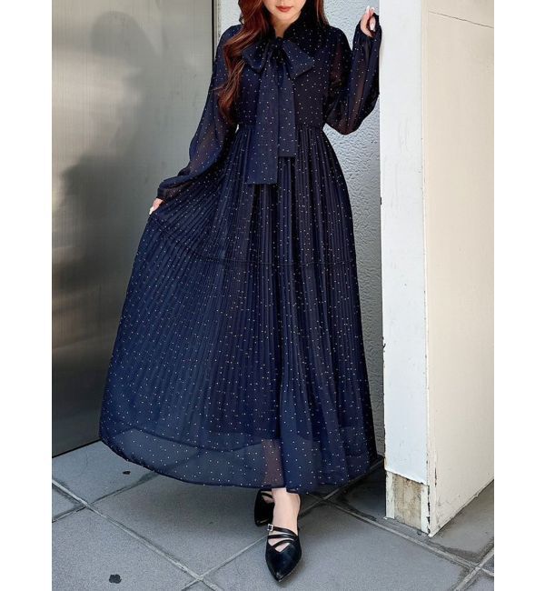 MERCURYDUO「花柄プリーツティアードワンピース」|ワンピース|ネイビー