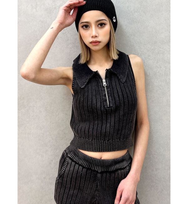 GYDA「ハーフZIPノースリブリーチポロニットトップス」|ニット・セーター|ブラック