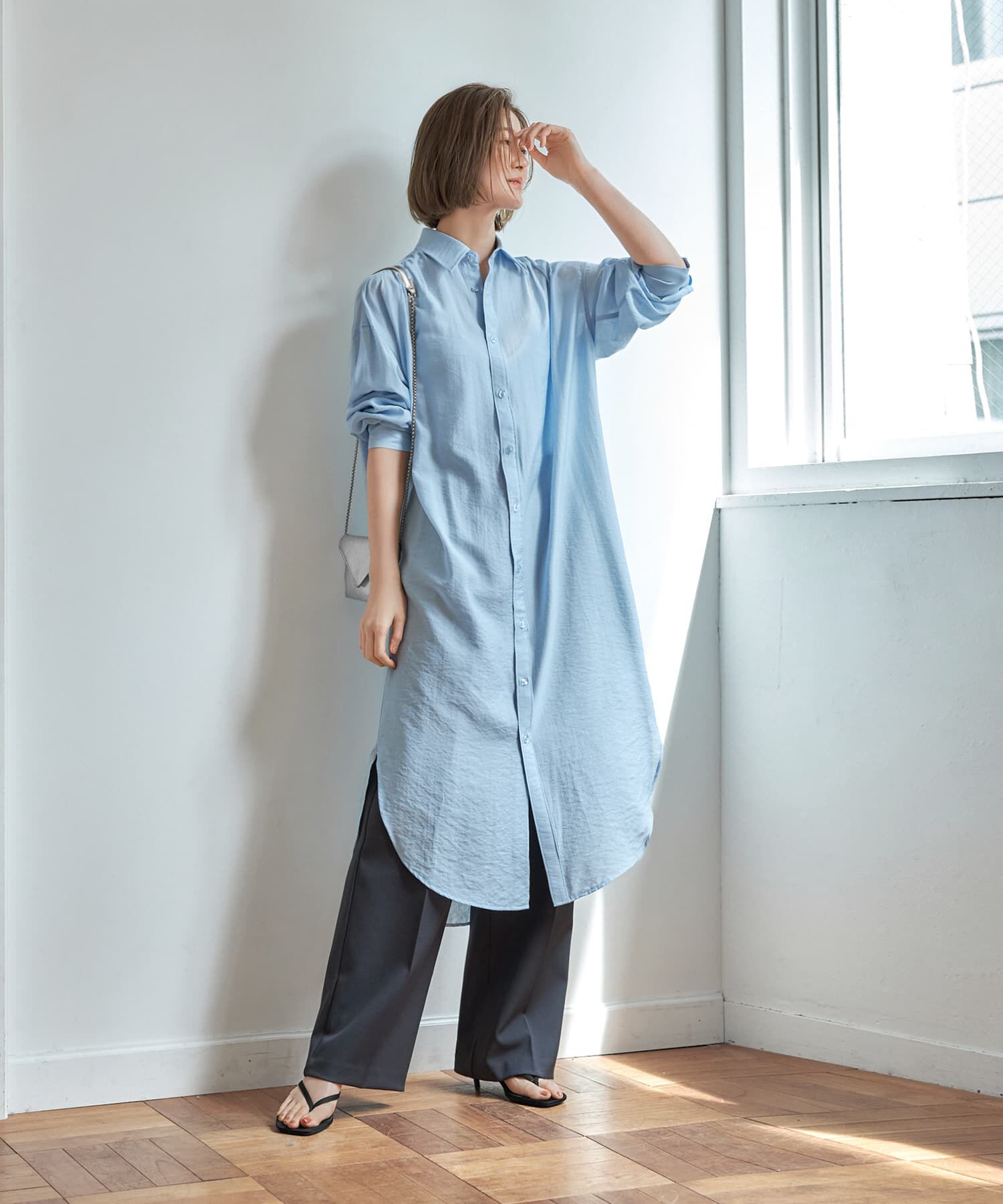 STYLE DELI「微シアー＆微光沢シワ加工シャツワンピース」|ワンピース|