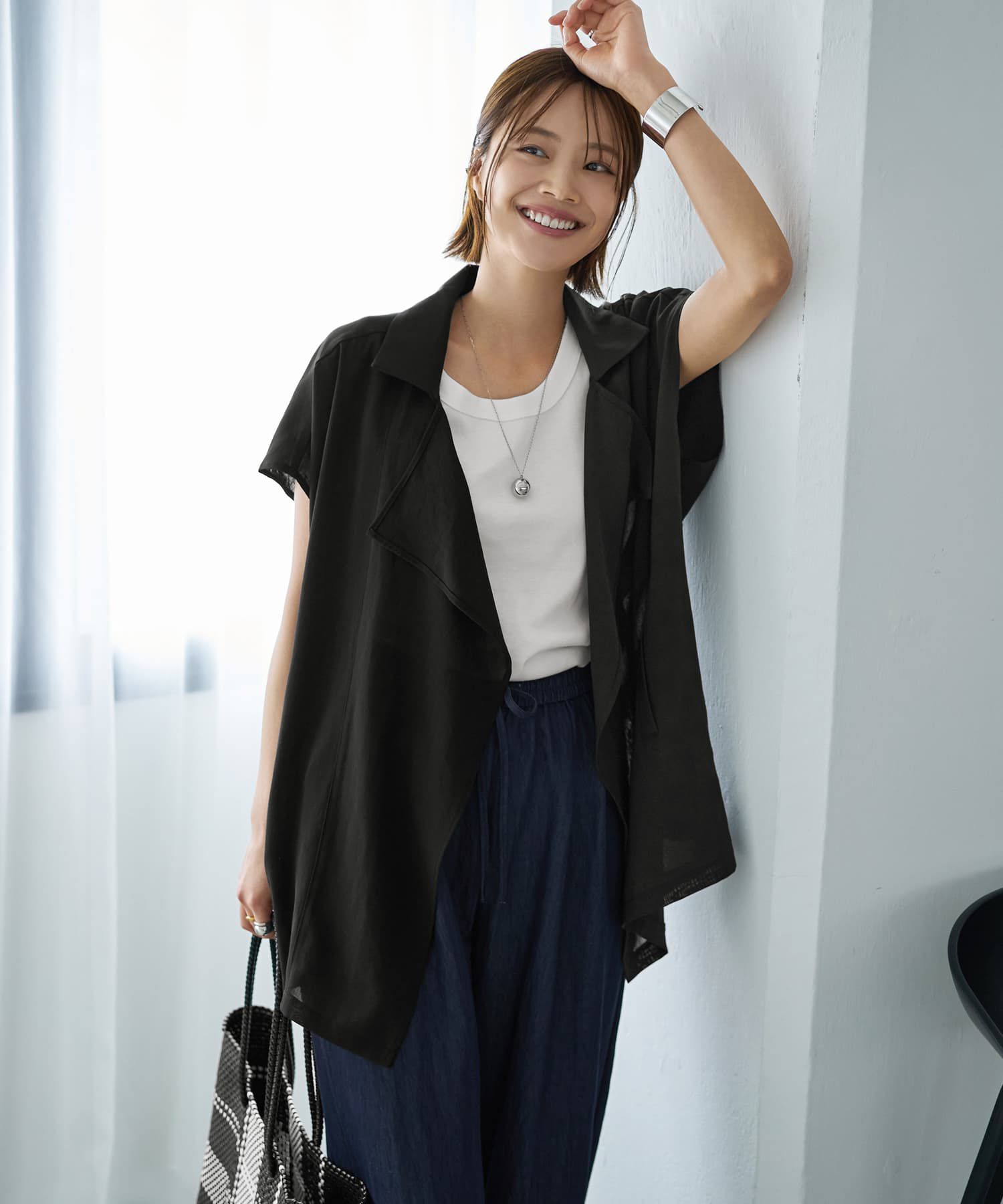 STYLE DELI「サラッと涼しいドレープネックオープンジャケット」|その他|ブラック