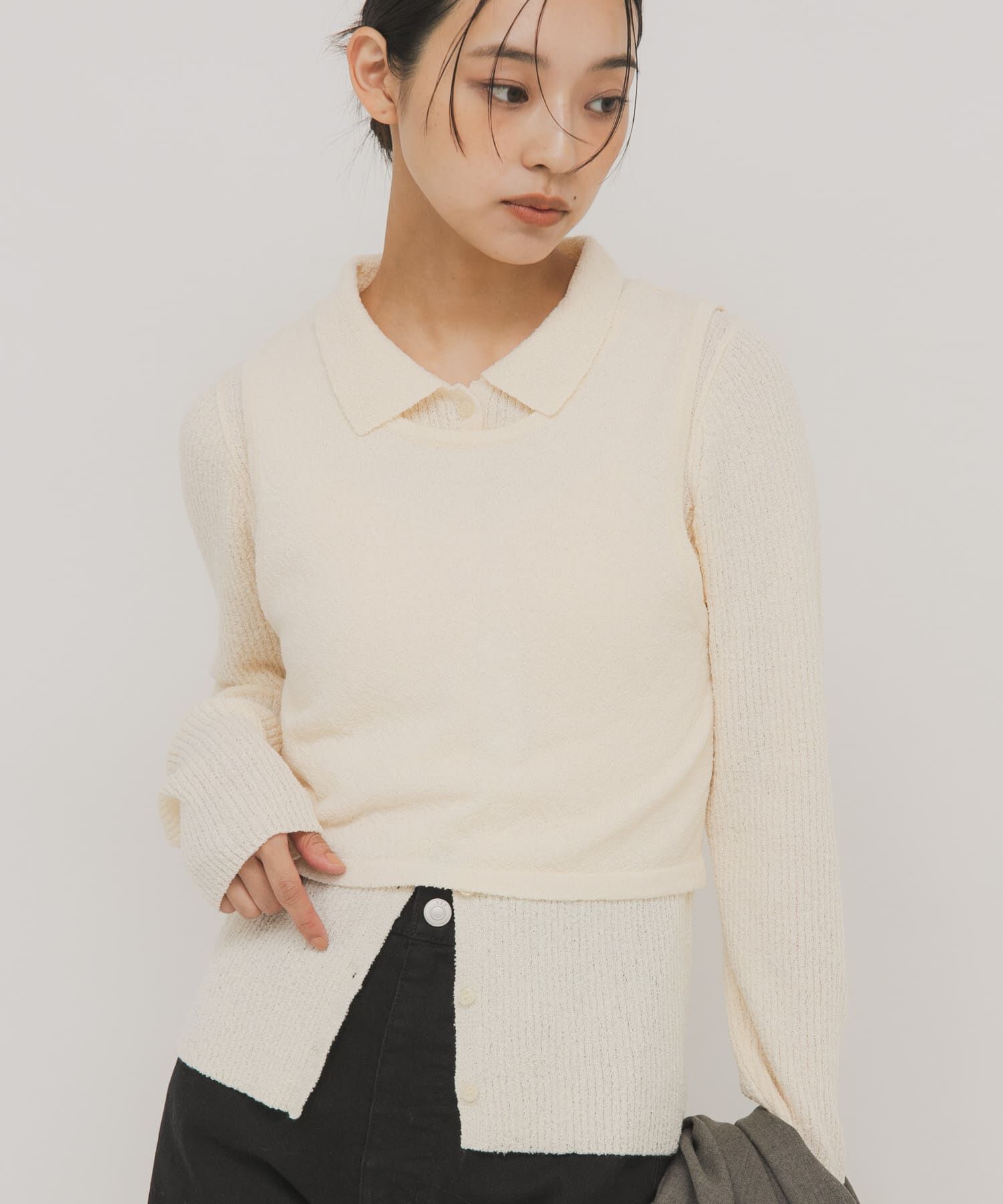  「『一部WEB限定カラー』ミニブークレレイヤードニットシャツ」|ニット・セーター|