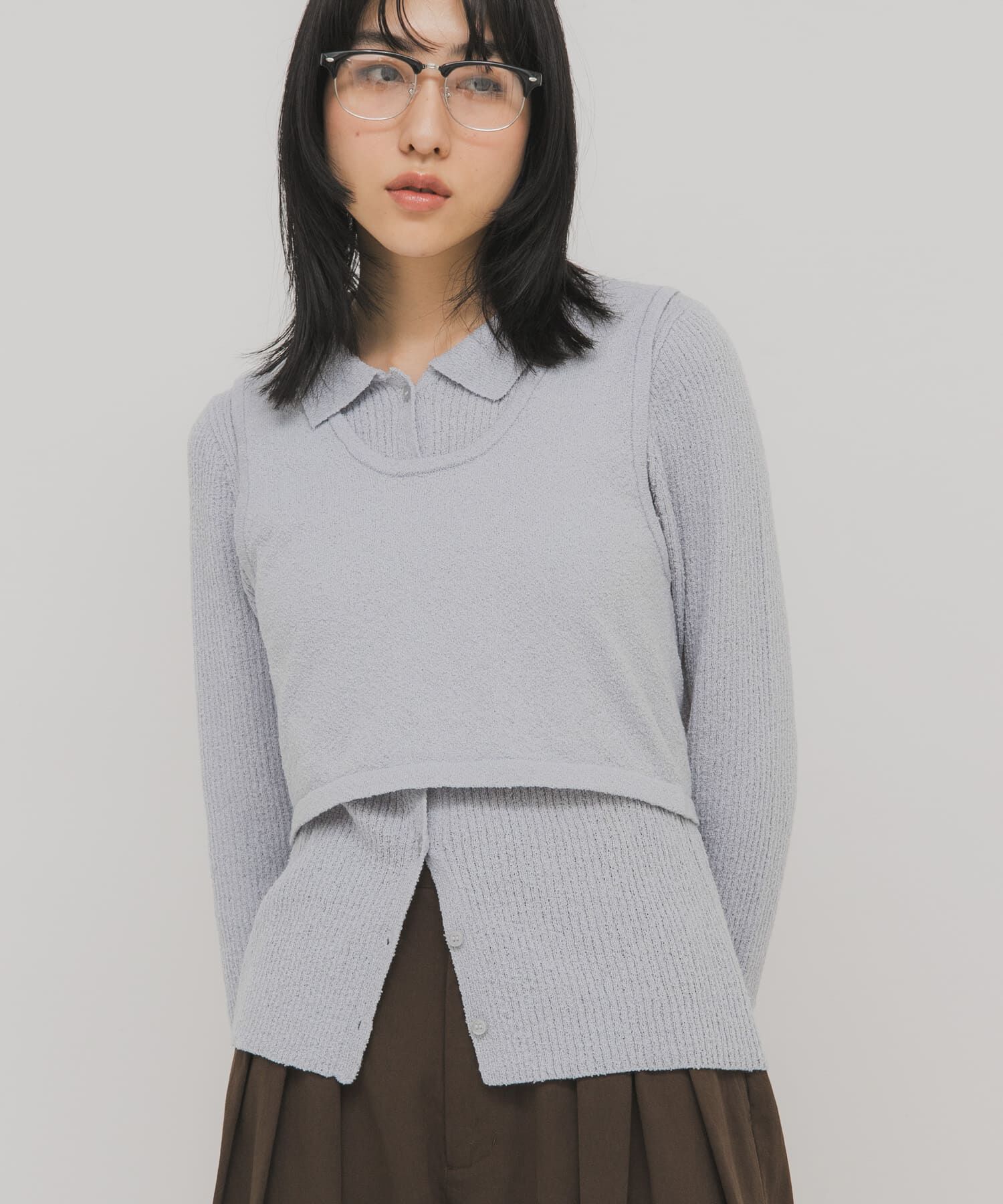  「『一部WEB限定カラー』ミニブークレレイヤードニットシャツ」|ニット・セーター|ライトブルー