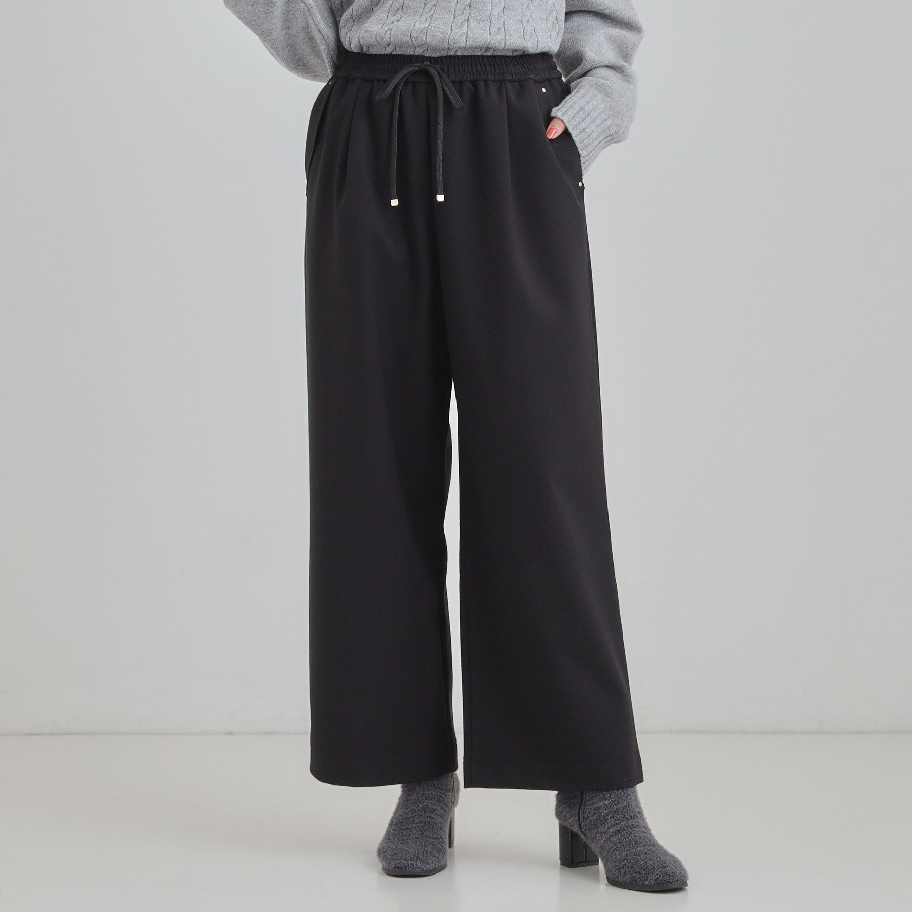 SHOO･LA･RUE「【S-LL】風を通しにくい フラップイージーワイドパンツ」|その他|ブラック(019)