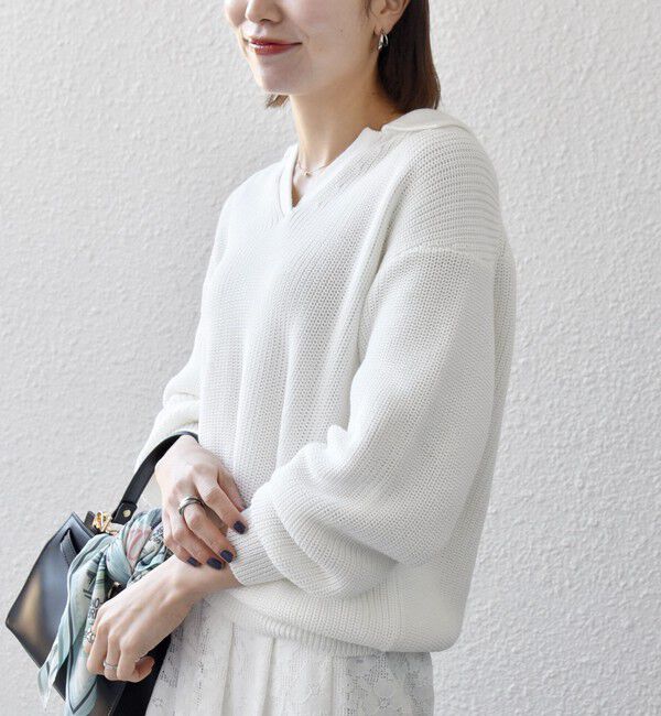 SHIPS any「《予約》SHIPS any:〈手洗い可能〉コットン ミックス スキッパー ポロ ニット プルオーバー」|ニット・セーター|ホワイト