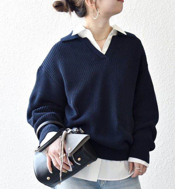 SHIPS any「《予約》SHIPS any:〈手洗い可能〉コットン ミックス スキッパー ポロ ニット プルオーバー」|ニット・セーター|ネイビー