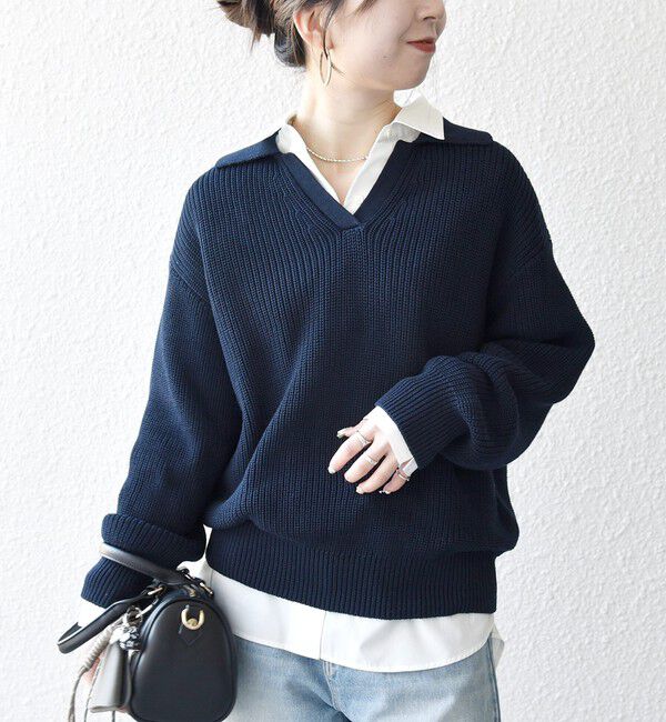 SHIPS any「《予約》SHIPS any:〈手洗い可能〉コットン ミックス スキッパー ポロ ニット プルオーバー」|ニット・セーター|