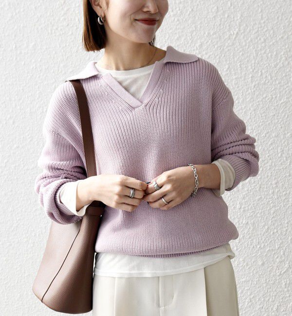 SHIPS any「《予約》SHIPS any:〈手洗い可能〉コットン ミックス スキッパー ポロ ニット プルオーバー」|ニット・セーター|