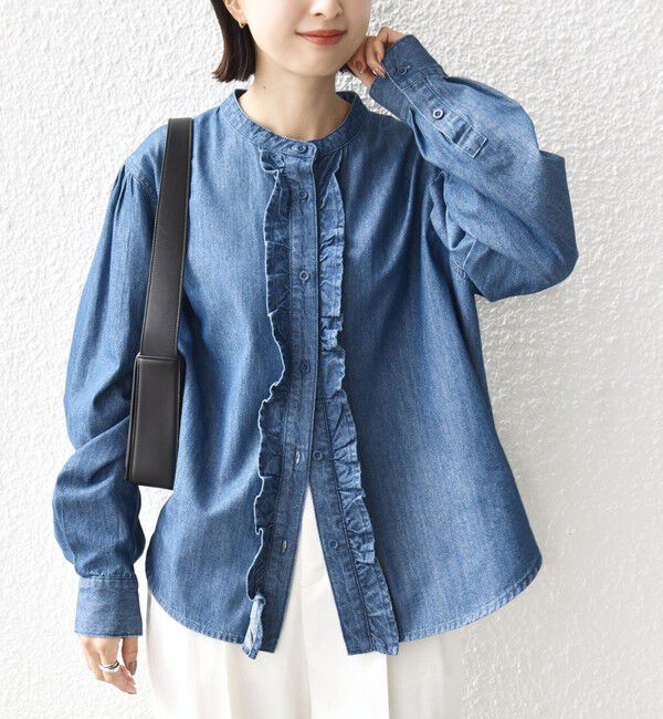SHIPS for women「《予約》【WEB限定】〈洗濯機可能〉ライトオンス フリル デニム シャツ」|シャツ・ブラウス|