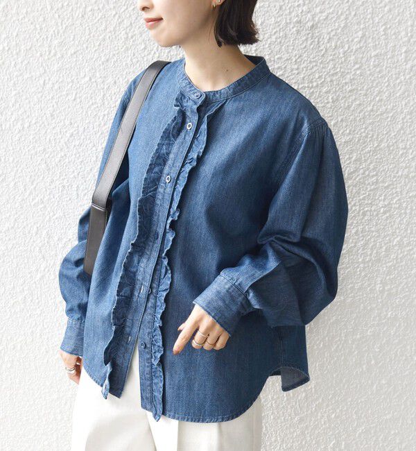 SHIPS for women「《予約》【WEB限定】〈洗濯機可能〉ライトオンス フリル デニム シャツ」|シャツ・ブラウス|