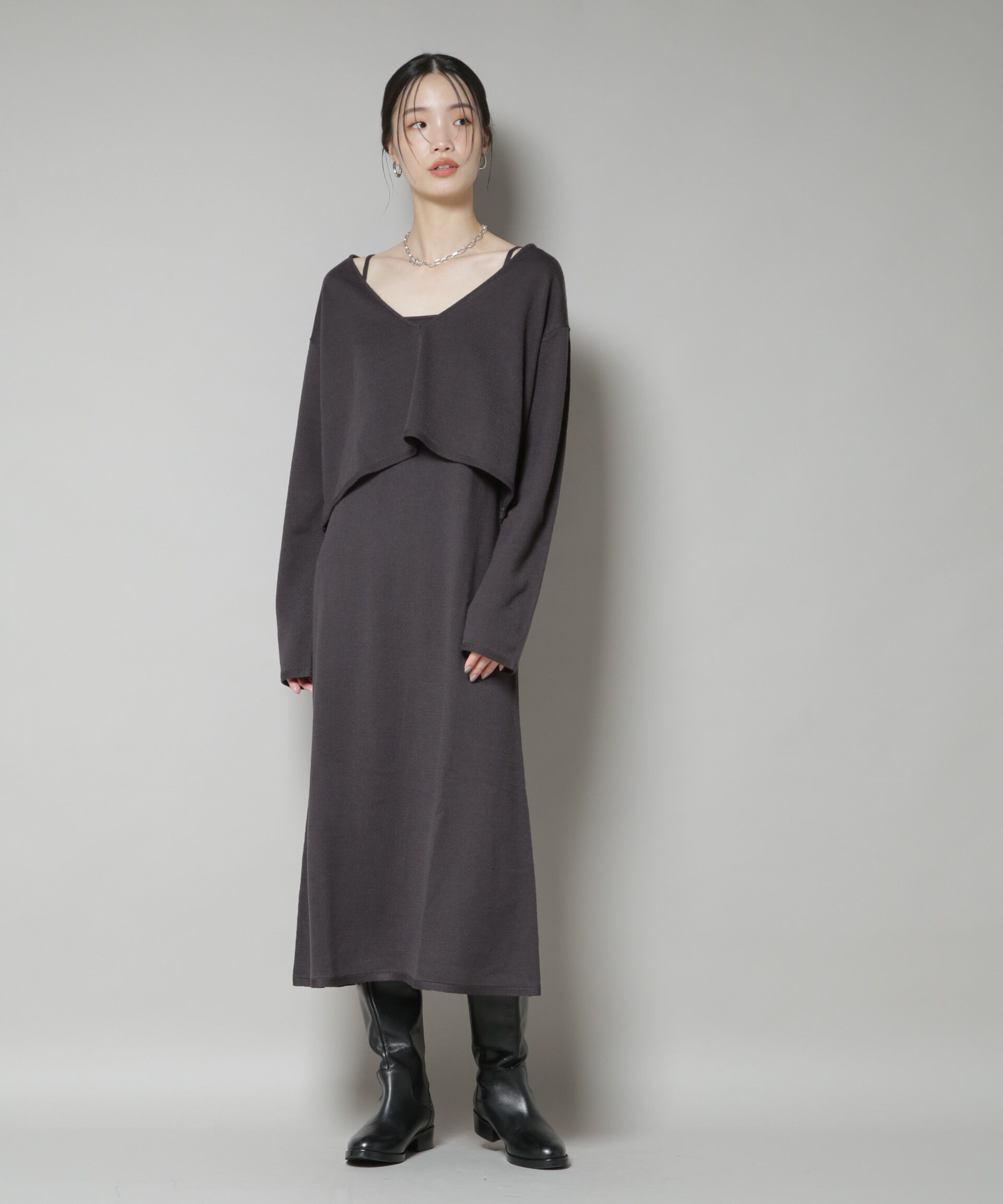 nano･universe「ニットキャミワンピース&times;クロップドVネックニット セット」|ワンピース|