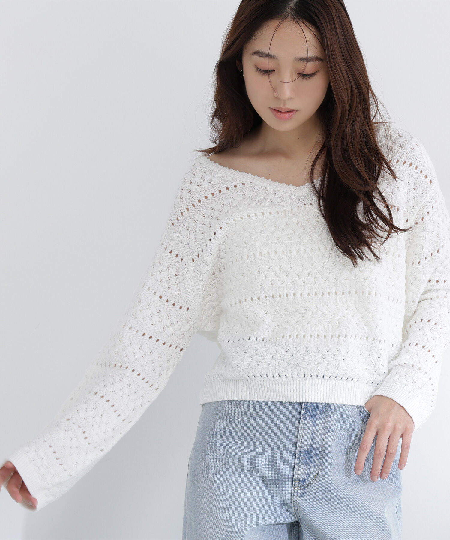  「Vネック透かし編みニット」|ニット・セーター|