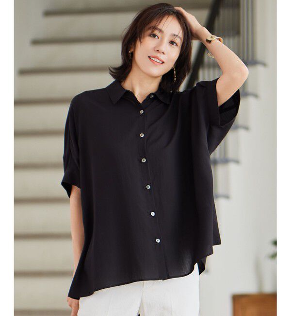 自由区「【接触冷感・UVケア・抗菌防臭・洗える】リヨセルポプリン ブラウス」|シャツ・ブラウス|ブラック