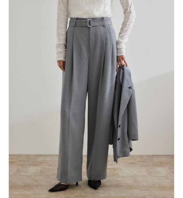 ROPE「【洗える】リネンライク ベルテッドワイドパンツ/セットアップ対応【WEB・一部店舗限定】」|チノ|グレー(07)
