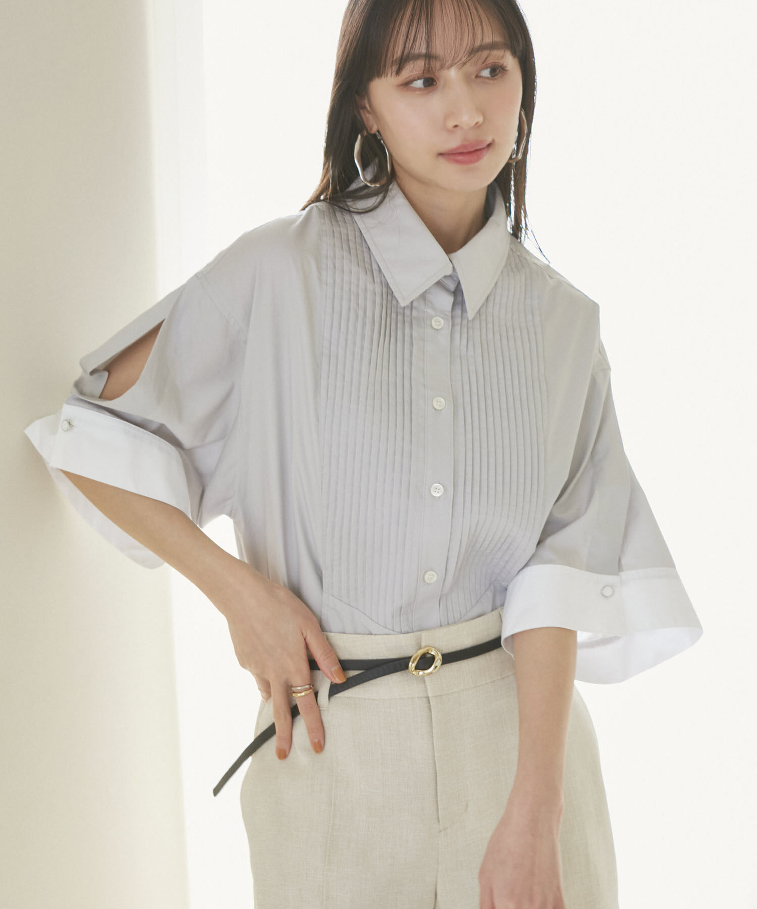 VIS「【洗える】オーバーサイズピンタックシャツ」|シャツ・ブラウス|ライトグレー(08)