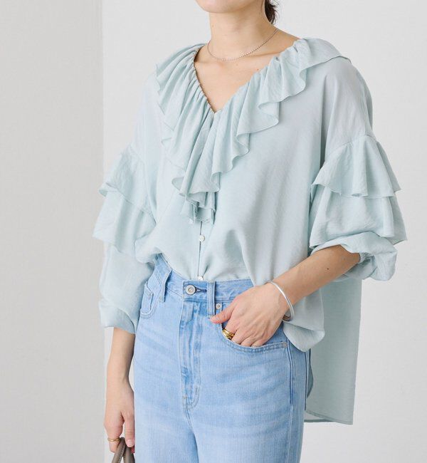  「予約【着映え】フリルディテールブラウス」|シャツ・ブラウス|サックスブルー
