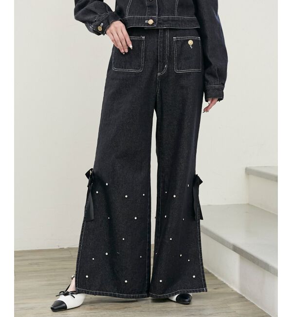  「サイドリボンビジューデニムパンツ」|デニム|
