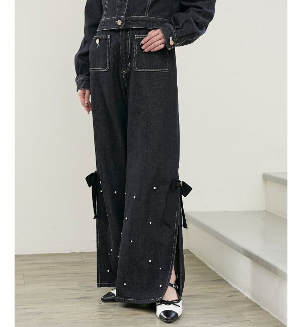  「サイドリボンビジューデニムパンツ」|デニム|