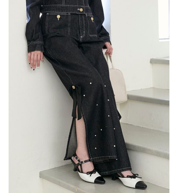  「サイドリボンビジューデニムパンツ」|デニム|