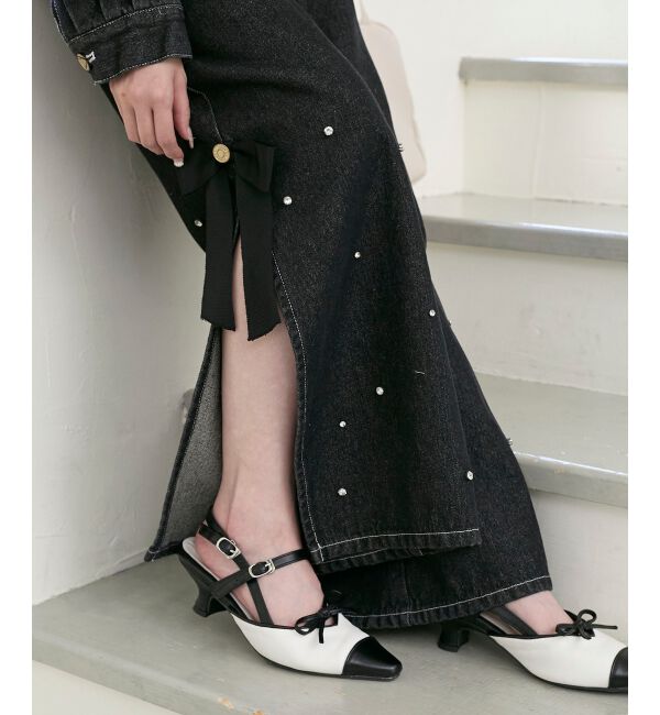  「サイドリボンビジューデニムパンツ」|デニム|